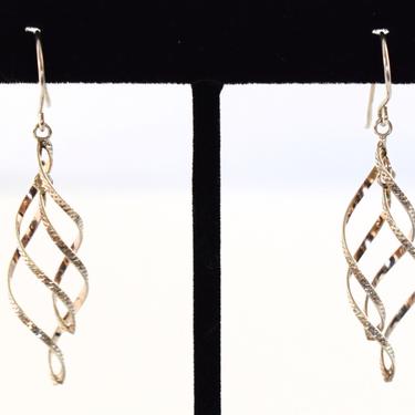 Edgy 80's sterling patterned double helix dangles, hip textured 925 silver twist in twist geometric earrings 