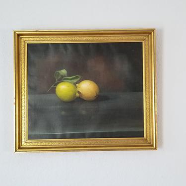 1960's Vintage Still Life Lemons Oil on Canvas Painting , Signed . 
