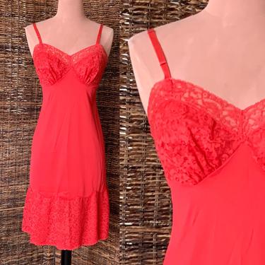 Red Nylon Lacy Slip Dress Nightie, Vanity Fair, Sweetheart, Sheer Illusion Lace, Vintage 60s Lingerie 