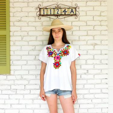 Mexican Blouse // vintage cotton boho hippie Mexican hand embroidered dress hippy tunic mini dress white // O/S 