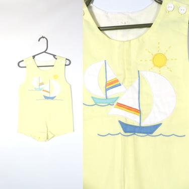 Vintage 80s Baby Pale Yellow Sailboat Romper Size 9-12M 