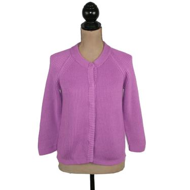 Orchid Purple Cotton Knit Cardigan, Rib Ribbed Raglan Sweater with Snaps, 2000s Clothes Women, Vintage Y2K Clothing, Talbots Small Medium 