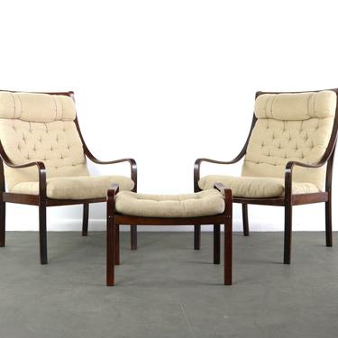 Set of Two (2) Bentwood Lounge Chairs w/ Ottoman by Fredrik Kayser for Vatne in Rosewood and Original Fabric made in Denmark 