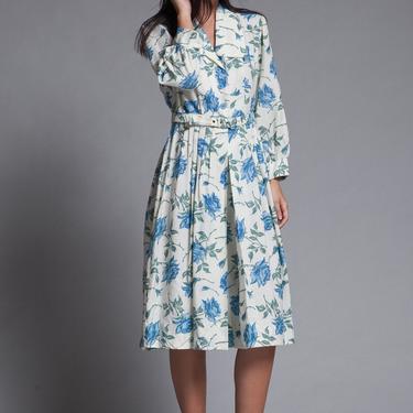 shirtwaist dress belted pleated blue rose floral print vintage 70s MEDIUM M 