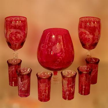 Vintage Etched Red Glassware