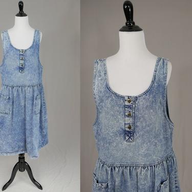 90s Stonewashed Blue Denim Jean Dress - Acid Wash Sleeveless Jumper Style - Full Skirt - Mizz Lizz - Vintage 1980s 1990s - M L 