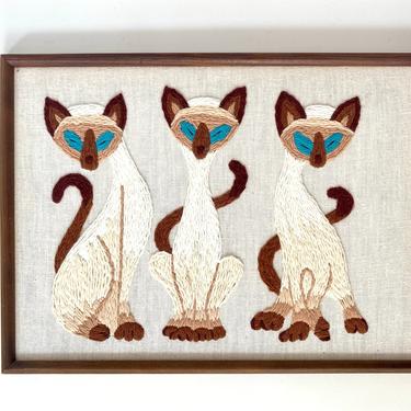 Vintage Siamese Cat Crewel Embroidery 