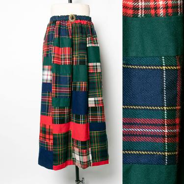 1970s Quilted Patchwork Wool Maxi Skirt S 
