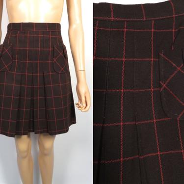 Vintage 60s/70s Brown Wool High Waist Pleat Front A Line Windowpane Plaid School Girl Mini Skirt Made In USA Size XS 24 Waist 