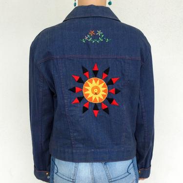 Super Cool 1970's Dark Wash Denim Jacket with Blazing Sun Embroidered Detail 