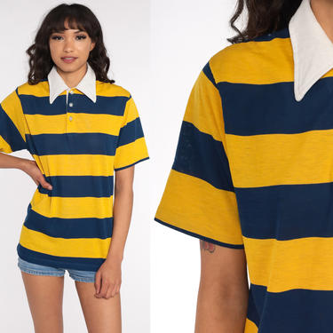 Striped Polo Shirt 70s Shirt Half Button Up Shirt Yellow Blue Polo Shirt Collared 1970s Stripes Nerd Retro Vintage Medium 