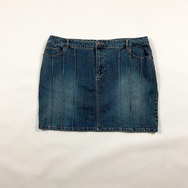 90s Stretch Denim Mini Skirt with Seam Details / Stripes / Patch Pockets / Size 20 / XXL / Plus Size Vintage / Jean Skirt / y2k / 