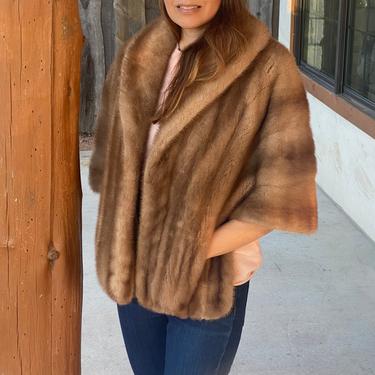 Vintage Natural Brown Mink Fur Stole with Front Pockets, Warm Collar, Satin Lined, EMBA Pastel Label 