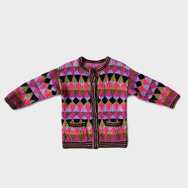 1980s Colorful Harlequin Wool Half Sleeve Cardigan 