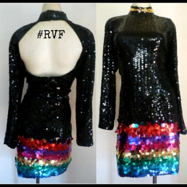80's Vintage RAINBOW sequin COCKTAIL party dress bead LGBT Rainbow party Prom Dress embellished pailette sequin bodycon dress keyhole back 
