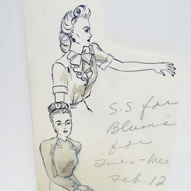 Antique 1940's Original Art, Sylvia Baird Vintage Fashion Advertisement Illustration Design Painting, Vintage Retro Women in Blouses 