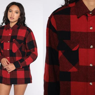 Buffalo Plaid Shirt 80s WOOL Flannel Red Black Lumberjack Jacket Button Up Long Sleeve 1980s Oversized Grunge Vintage Medium Large 