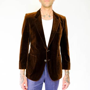 Vintage 70s Yves Saint Laurent Chocolate Brown Velvet Two Button Blazer | Made in France | 1970s YSL Designer Tailored Mens Smoking Jacket 