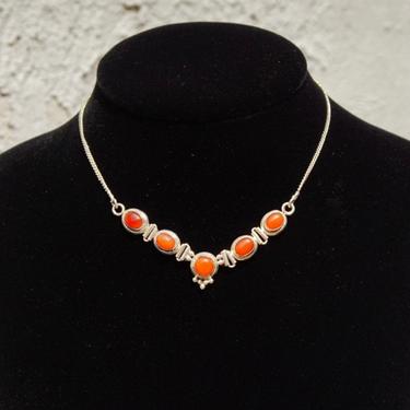 Vintage Sterling Silver Carnelian Choker Necklace, Art Deco Style, Orange/Red Gemstone Choker, Thin Silver Link Chain W/ Hook Clasp, 17&amp;quot; L 
