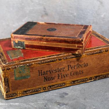 Set of 2 Antique Wooden Cigar Boxes - Harvester Cigars  and Intermission Little Cigars - Circa Late 1800s/Early 1900s  | FREE SHIPPING 
