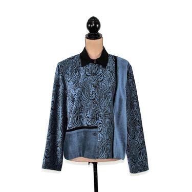 Blue Paisley Chenille Jacket Large, Short Coat Women, Hippie Boho Bohemian, Casual Clothes Vintage Clothing Coldwater Creek Size 14 Petite 