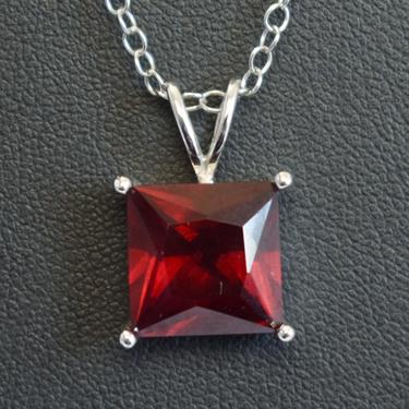 Vintage sterling 8.5 carat ruby elegant bling pendant, simple classic 925 silver lab made pricess cut red ruby FAS necklace 