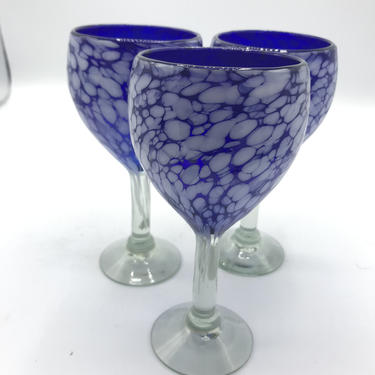 Set of 3 Handmade Blown Splatter or Spatter Glass  Wine Glasses  Cobalt Blue and White 