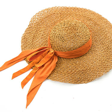 Vintage 1950s Sun Hat | 50s Wicker Orange Velvet Wide Brim Summer Beach Picture Hat 