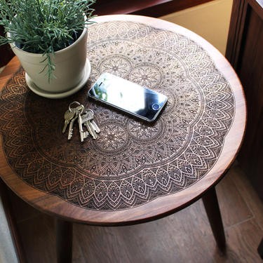 Custom Smaller Diameter for Jessica Engraved Hardwood End / Side Table 