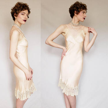 1920s Slip Negliee in Rose Gold Pink Peach Silk Cream RareJule Vintage Chicago IL