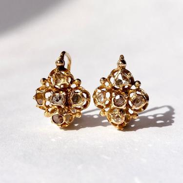 14K Gold Cruciform Rose Cut Diamond Earrings, Ottoman Turkish? Antique Vintage 
