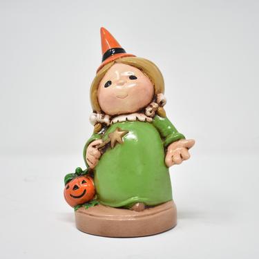 Sweet Halloween Kid Witch Figurine, 70s Kitsch Autumn Decor, Pumpkin Wand Pigtails Bows 
