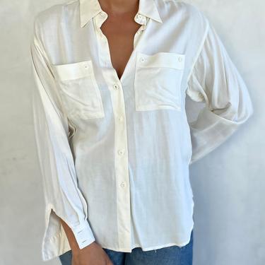 90s Vintage Minimalist White Button Down Long Sleeve Shirt - Cream Off White Blouse 