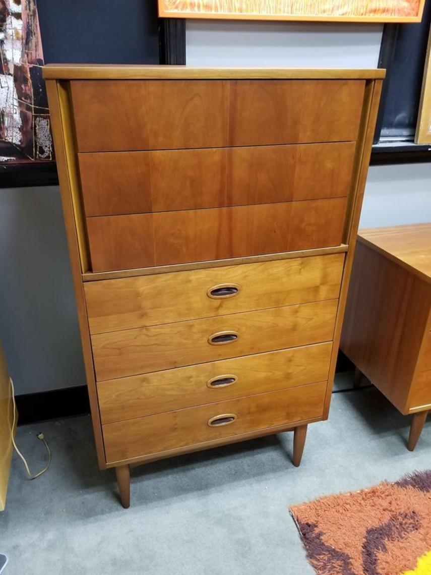 Mid Century Modern Walnut Thin Highboy Dresser With Oval Wood