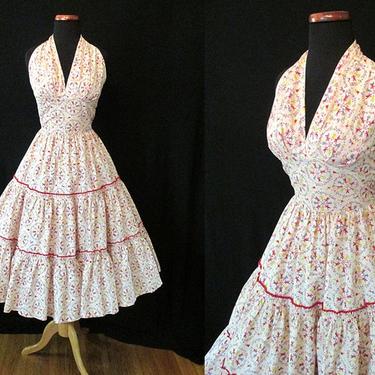 CLEARANCE --Adorable 1950's HalterTop Novelty Print Cocktail Party Dress  "Patio n' Party" circle skirt  Rockabilly , Vixen Size Small 