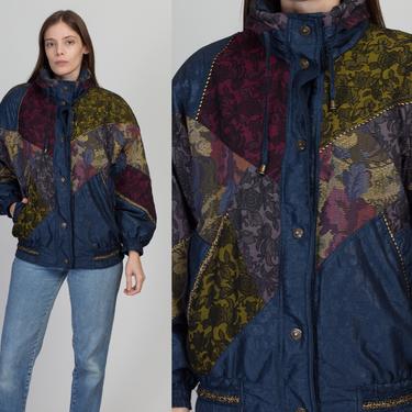 80s Izzi Tapestry Patchwork Puffer Jacket - Medium | Vintage Streetwear Oversize Blue Winter Ski Coat 