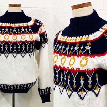 Vintage Sweater JCPenny Pullover Navy Blue White Red Yellow 80s 1980s 70s Long Sleeve Knit Twin Peaks  Fair Isle Unisex Medium Large Hygge 