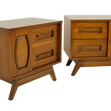 Young Manufacturing Mid Century Walnut and Burlwood Nightstands - A Pair - mcm 