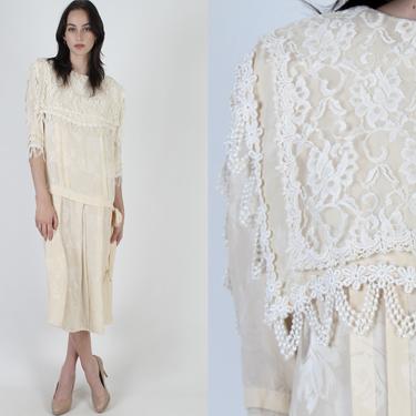 Vintage 80s Ivory Floral Deco Dress / Cream Silk Scallop Crochet Trim / Drop waist Lawn Party Maxi Dress 