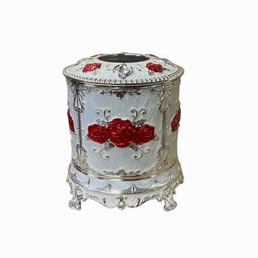 Metal Round Silver Pearl White Red Rose Tissue Roll Box ws1553E 