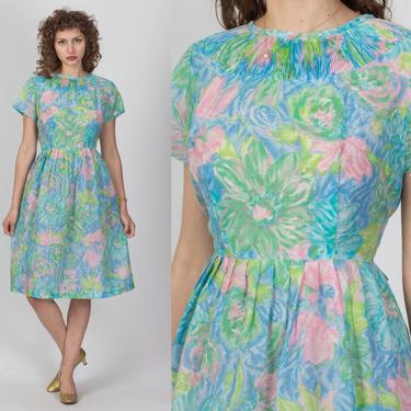 60s 70s Watercolor Floral Day Dress - Large | Vintage Colorful Pleated Fit &amp; Flare Midi 