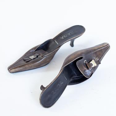 Vintage PRADA Brown Leather Kitten Heel Mules with | Backroom
