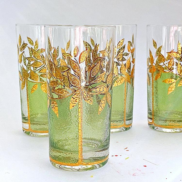 4 Vintage Culver highball glasses Green & gold cocktail bar