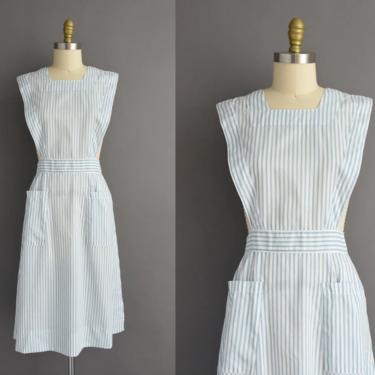 1970s vintage dress | Adorable Blue &amp; White Stripe Pinafore Coverall Cotton Dress | Large | 70s dress 