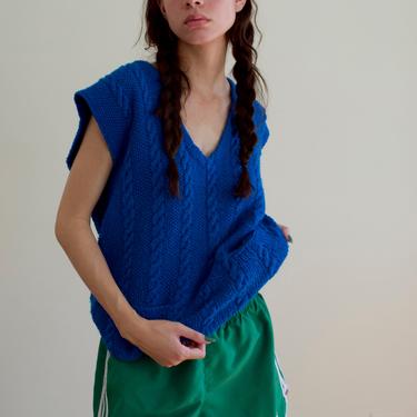 handknit colbalt blue boxy pocket sweater vest pullover 