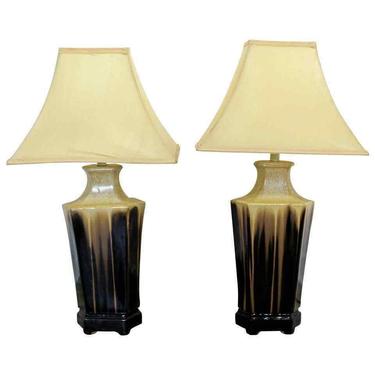 Mid Century Modern Pair of Brown Drip Glaze Ceramic Table Lamps 1960s 