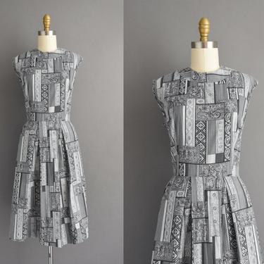 1960s vintage dress | Mode O Day Gray Cotton Print Pleated Full Skirt Shirt Dress | Large | 60s dress 
