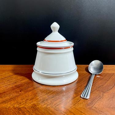 Vintage French Sugar Bowl or Jelly Jar, Service Bistrot, Porcelaine D'A Uteuil, Jacques Lobjoy - Bistro Service, White w Orange Black Stripe 