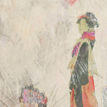 Mixed Media Art, Lovely Japanese Woman Pink Butterflies, Signed Painting 