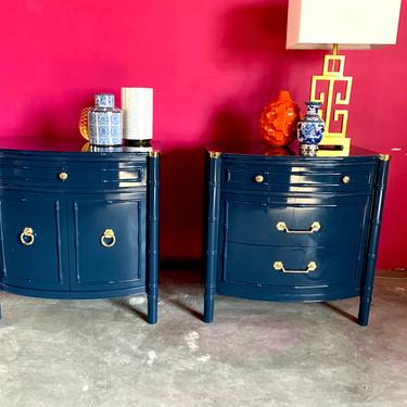 Faux Bamboo Curved Nightstands- Lacquered in Naval 